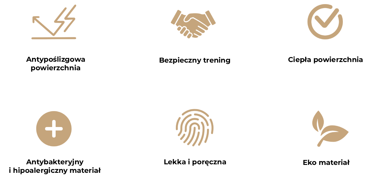 Obraz przedstawia sześć ikon opisujących zalety korkowej maty do jogi ze wzorem lotosa.